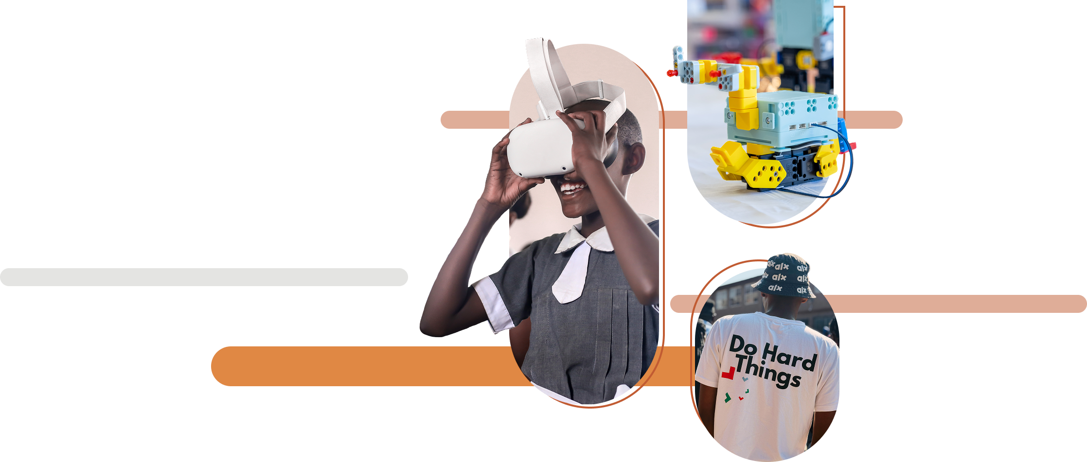 A learner exploring a VR headset, a robotics kit built by learners, and a young person wearing a 'Do Hard Things' shirt