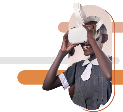 A learner exploring a VR headset, a robotics kit built by learners, and a young person wearing a 'Do Hard Things' shirt